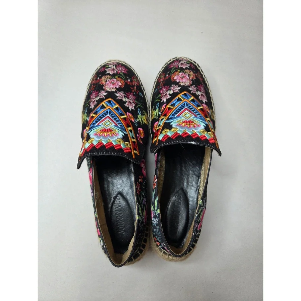 Johnny Was Black Leopard Floral Embroidered Platform Espadrille Shoes Size 9.5